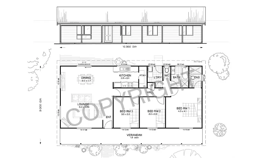 Illustration of Argyle 3 kit home floorplan and front elevation