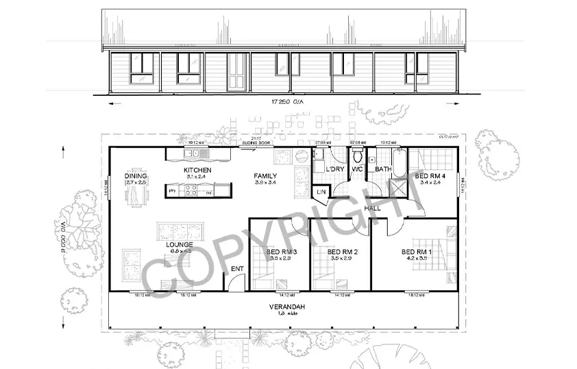 Illustration of flinders 4 kit home floorplan and front elevation