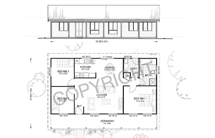 Illustration of Forest 3 kit home floorplan and front elevation