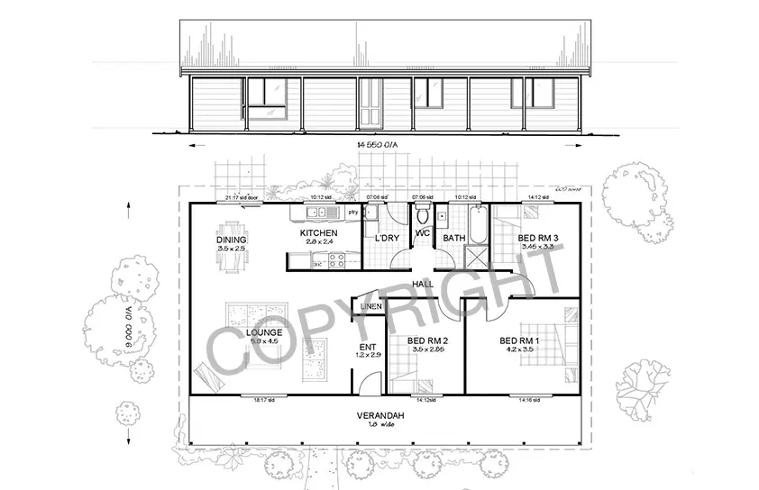 Illustration of Hunter 3 kit home floorplan and front elevation