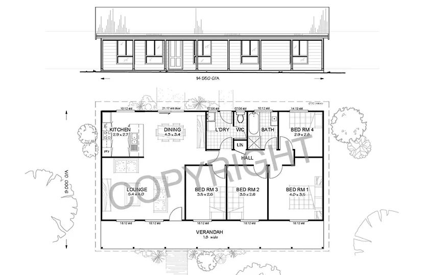 Illustration of Mitchell 4 kit home floorplan and front elevation