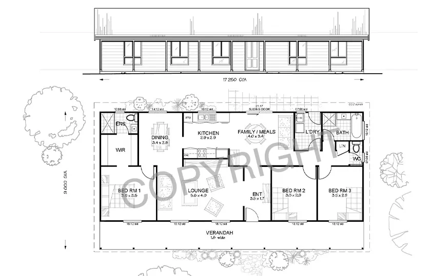 Illustration of Springvale 3 kit home floorplan and front elevation